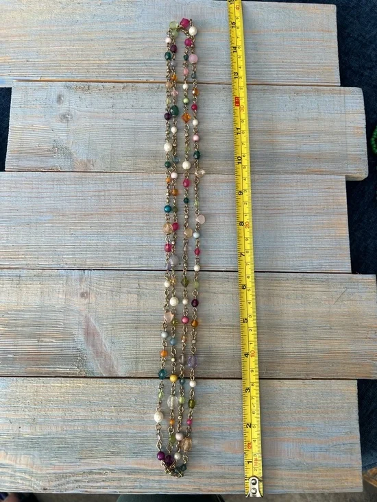 3pc Spring Necklace Set Red Choker, Green Seed Bead, Long Gold Multicolor Layers - Picture 13 of 13